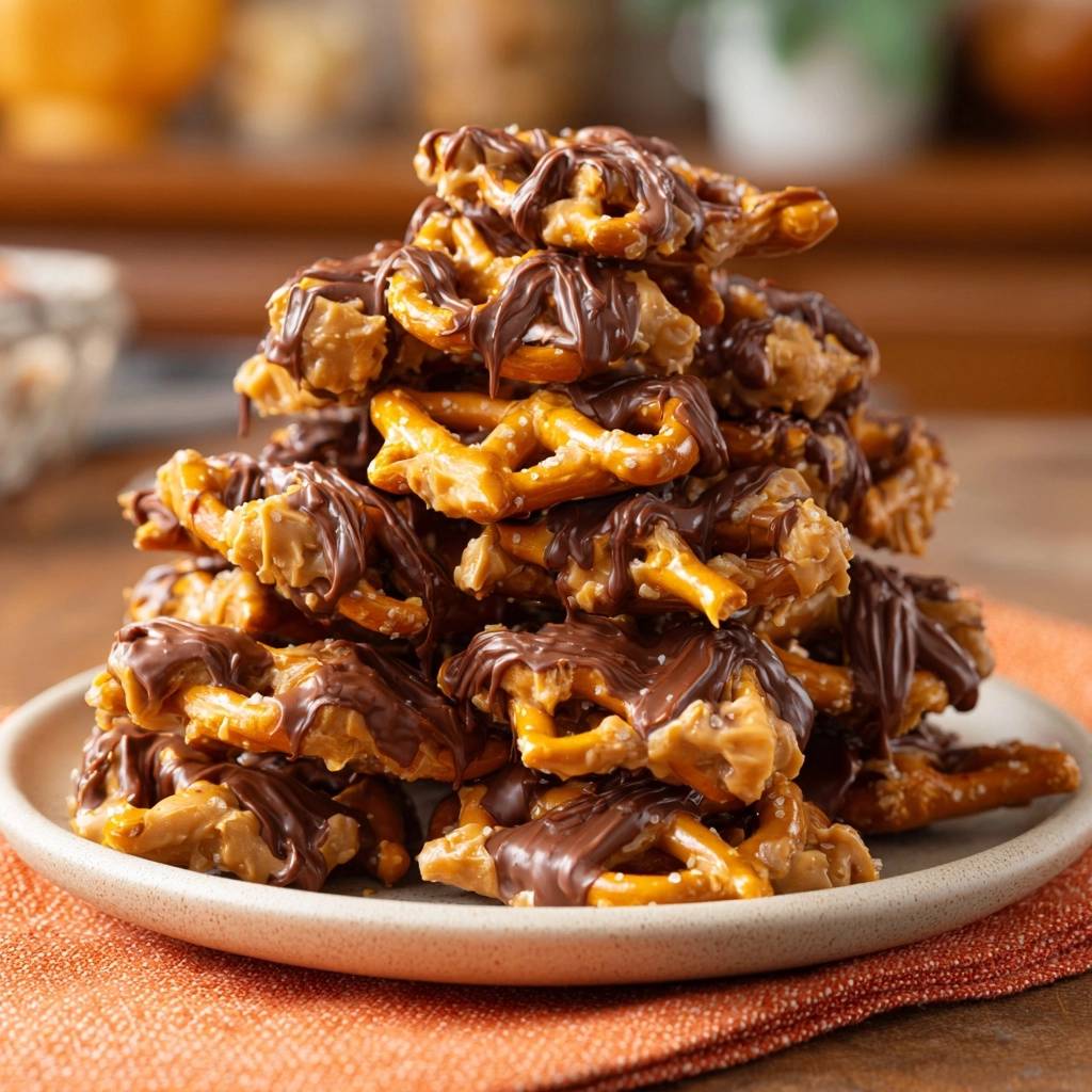 Chocolate peanut butter pretzel clusters stacked high on a plate, showcasing their drizzled chocolate coating.