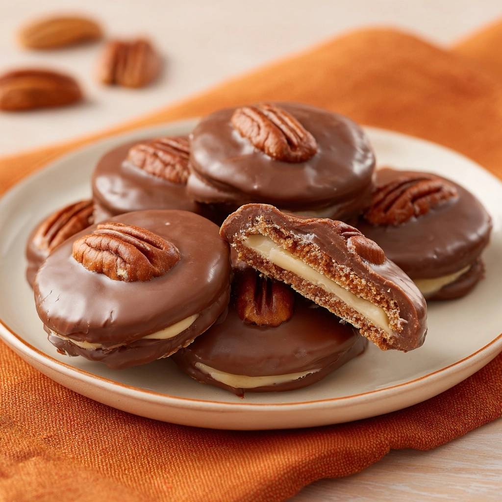 Chocolate pecan coconut cookies shown in a close-up cross-section revealing their creamy filling and cookie layers.