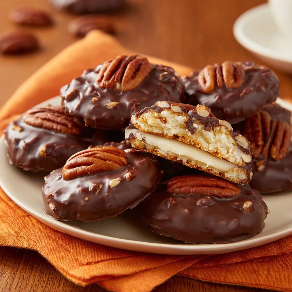 Chocolate pecan coconut cookies with a creamy white filling shown in a cross-section view on a plate.