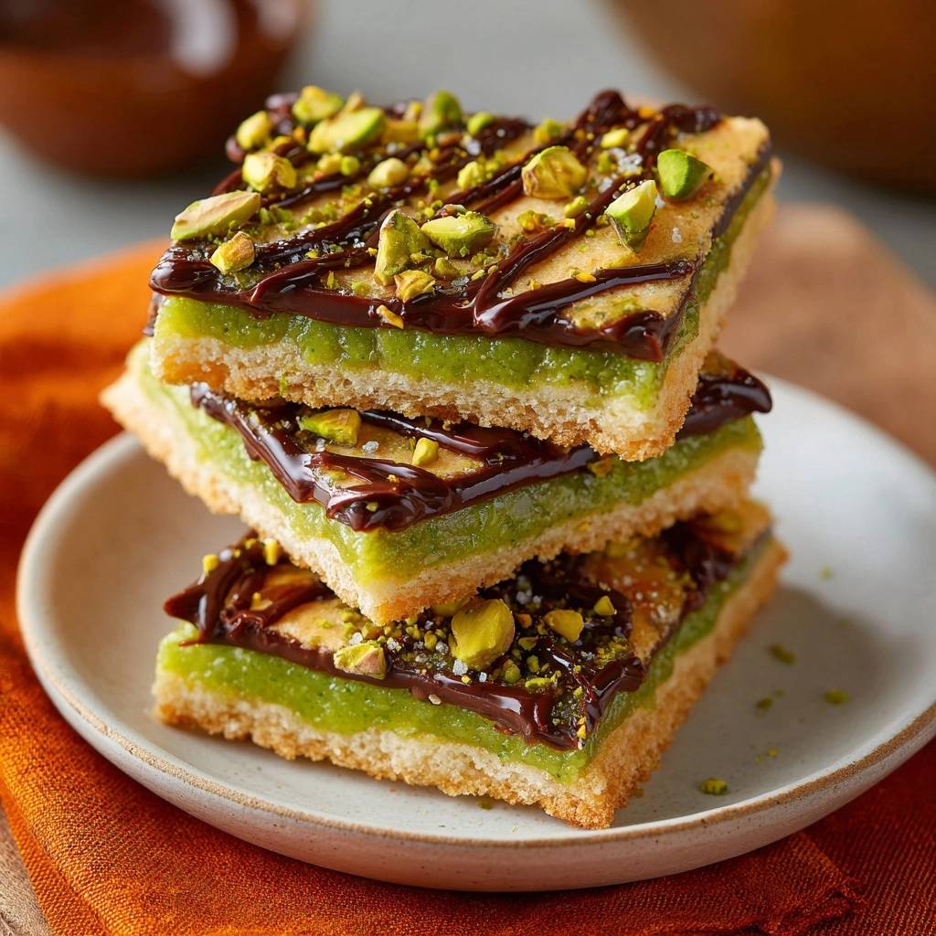 Chocolate pistachio shortbread bars stacked, showing the distinct layers and chocolate drizzle detail.