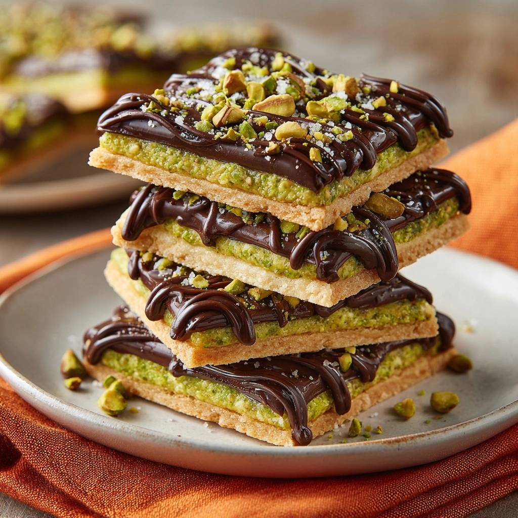 Chocolate pistachio shortbread bars stacked high, showcasing a rich chocolate drizzle and chopped pistachios.