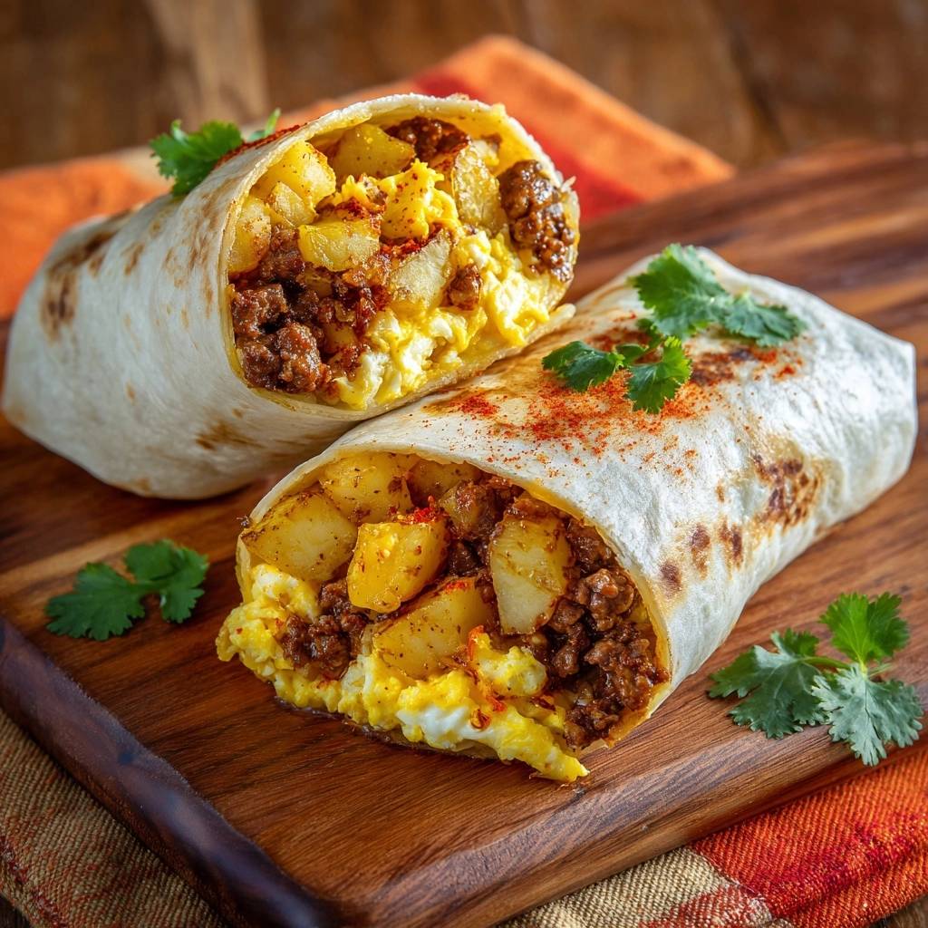 Chorizo potato egg breakfast burrito shown in a close-up cross-section revealing the savory filling.
