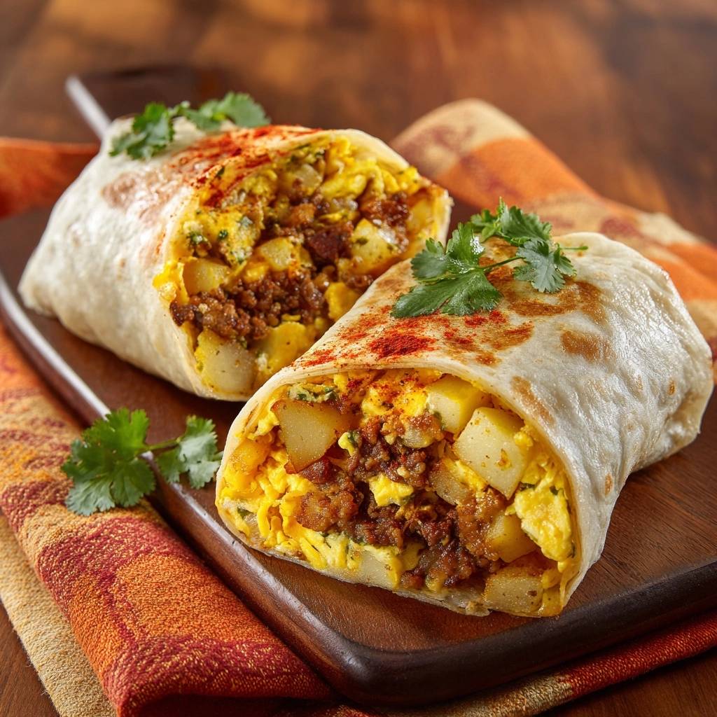 Chorizo potato egg breakfast burrito shown in a close-up cross-section, revealing the hearty filling and fluffy eggs.