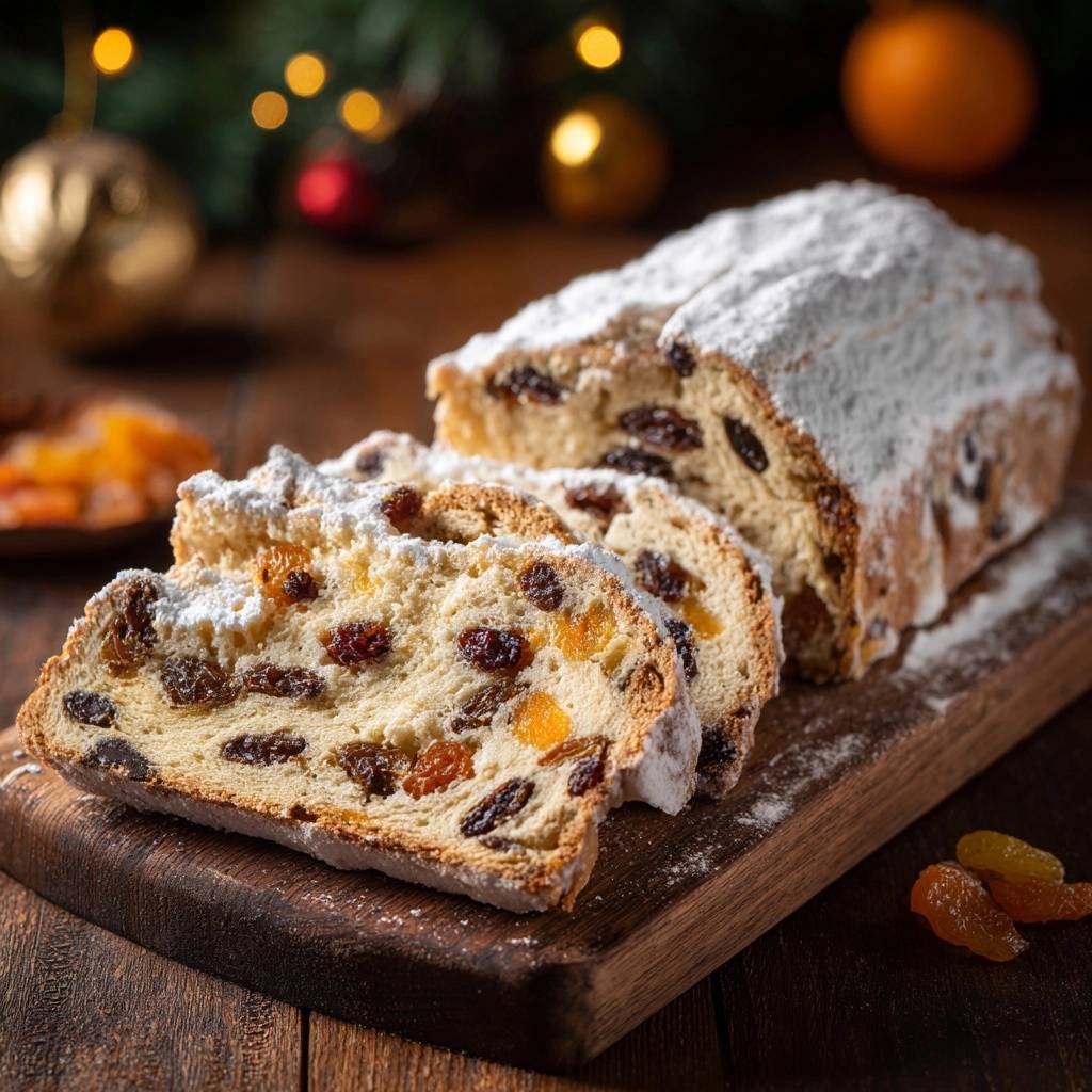 Christmas stollen, a moist homemade fruit bread, is sliced to reveal its rich interior filled with dried fruits.