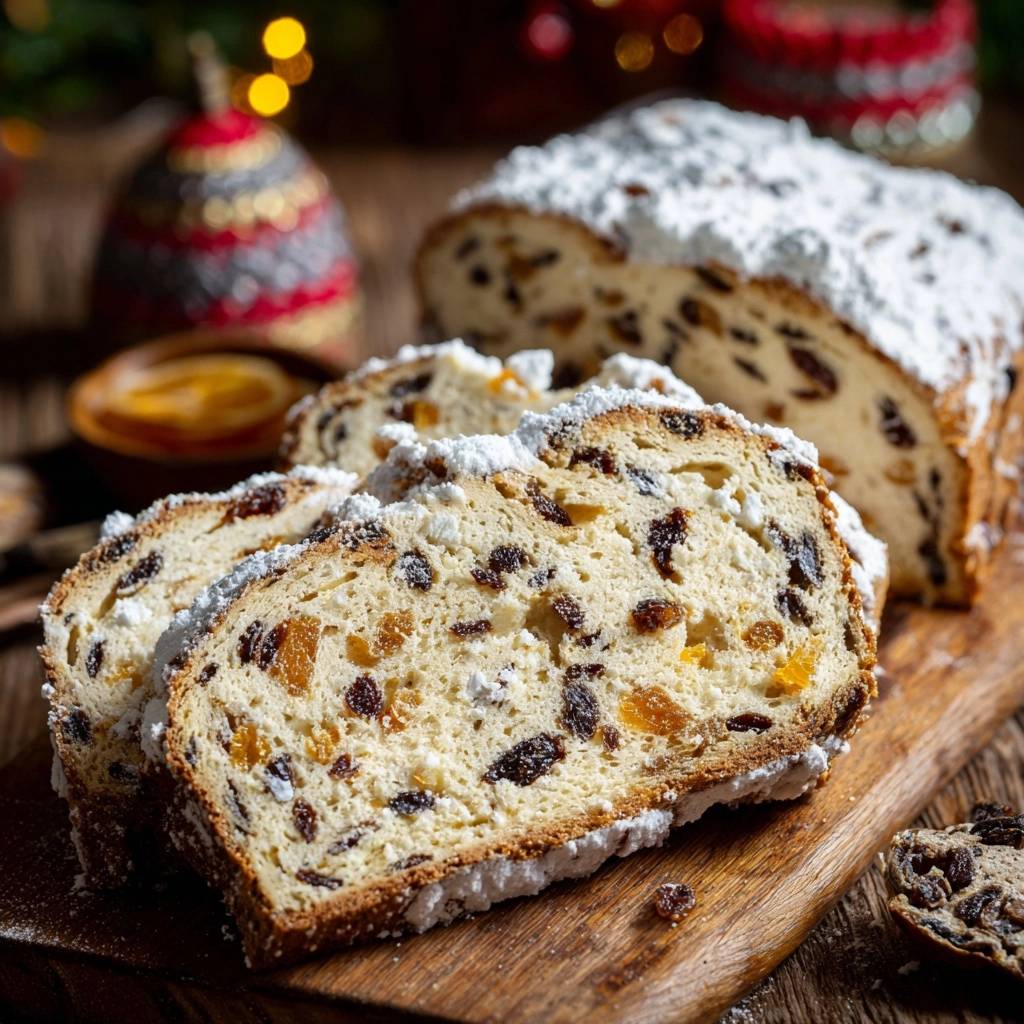 Christmas Stollen, a moist homemade fruit bread, shown as sliced cross-sections revealing the rich fruit and nut interior.