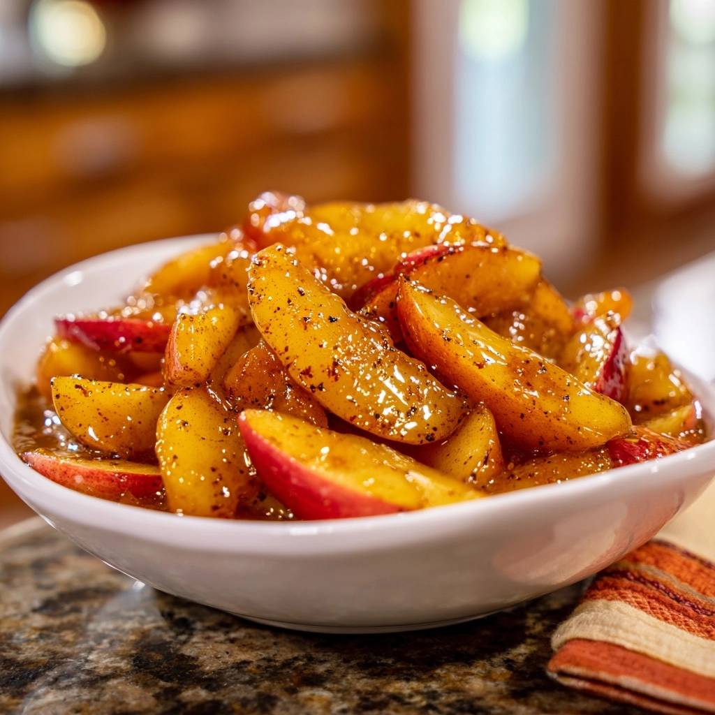 Cinnamon apple peach compote shown as thick, glossy fruit slices in a white bowl, sprinkled with spices.