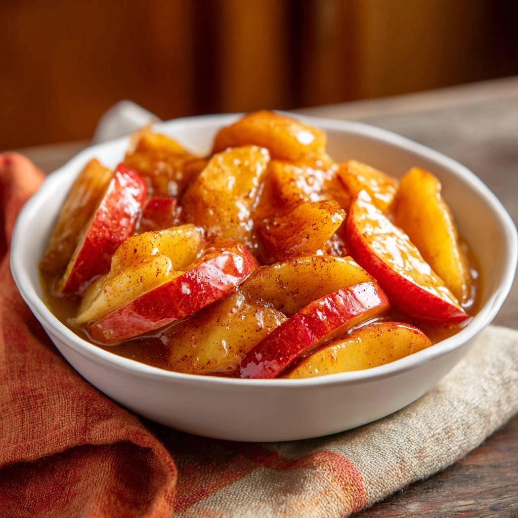 Cinnamon apple peach compote, a thick and glossy fruit sauce, served in a white bowl with a close-up view.