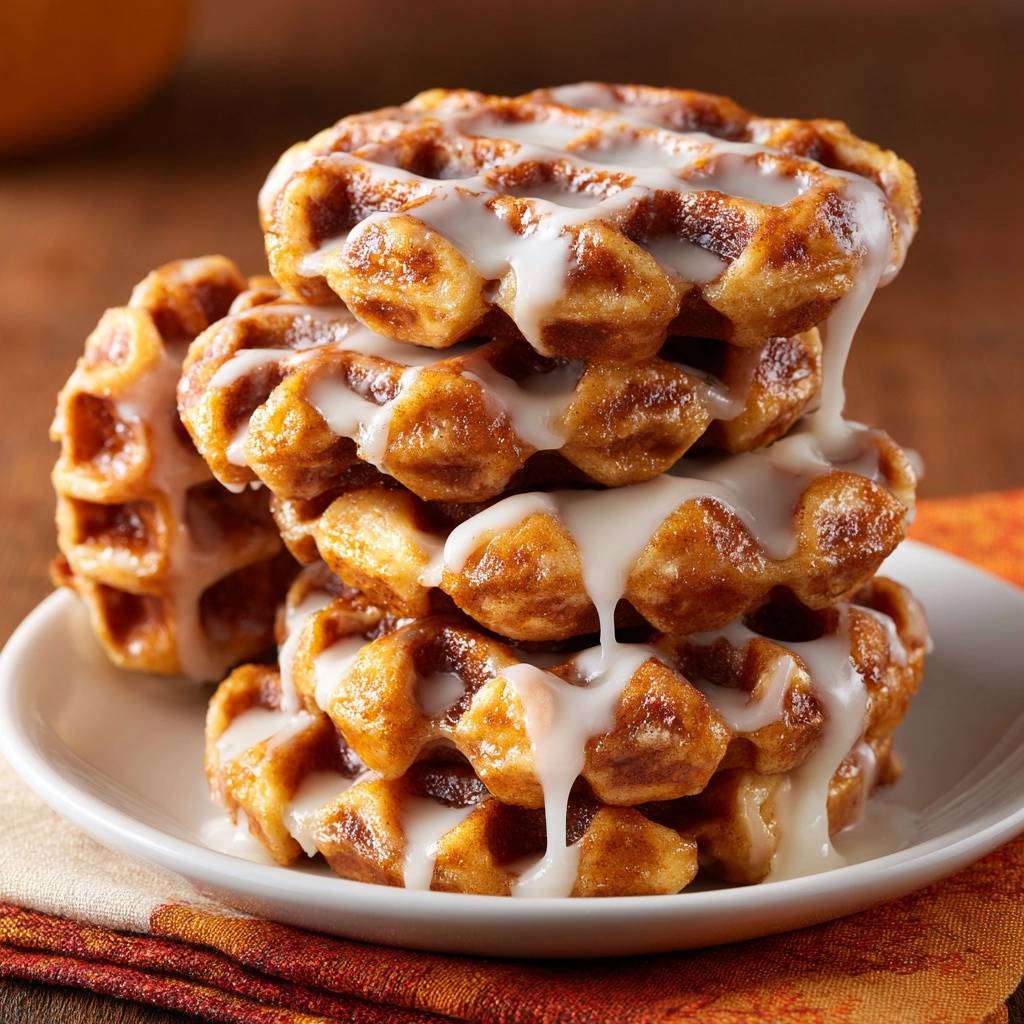 Cinnamon roll waffles in a stack, with white glaze dripping down the sides and pooling on the plate.