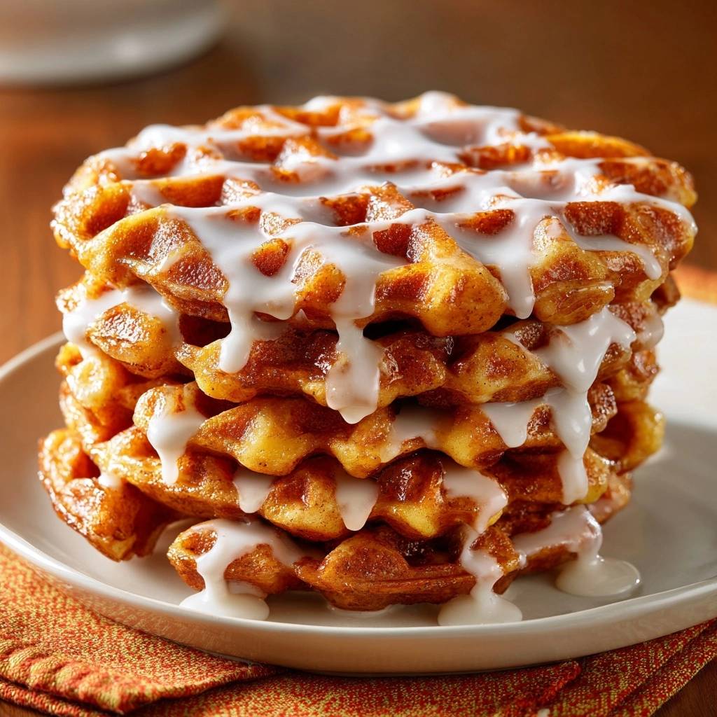 Cinnamon roll waffles stacked high and drizzled with a thick white glaze, showing their textured surfaces.