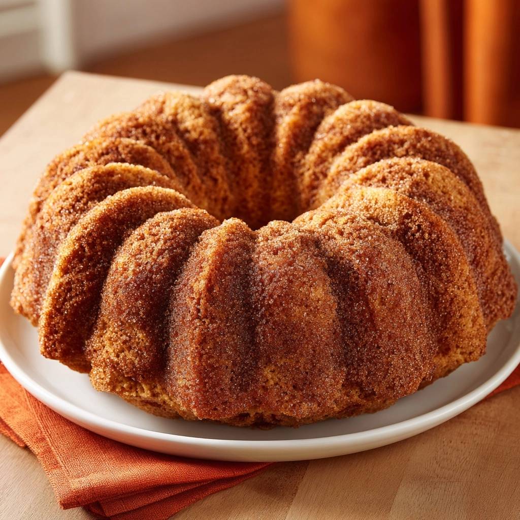 Cinnamon sugar bundt cake with a detailed view of its textured exterior on a white plate.