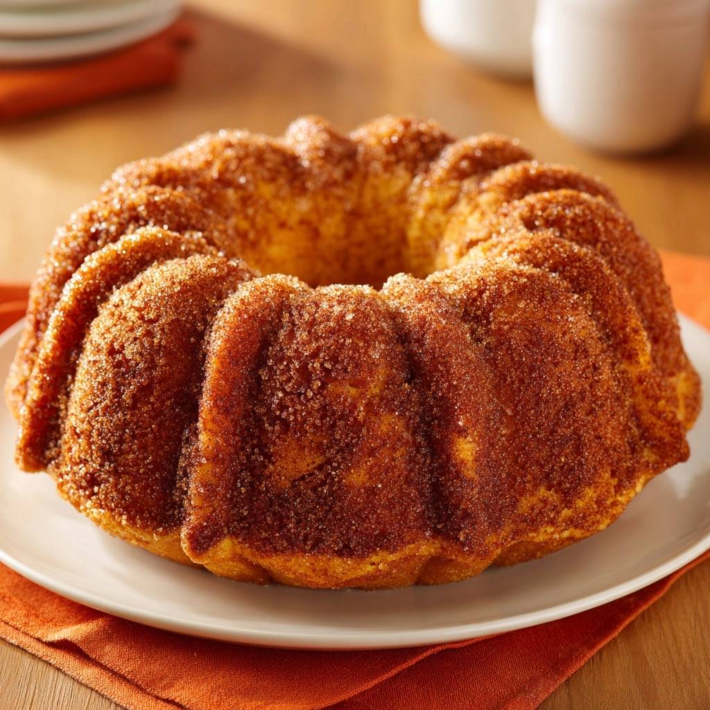 Cinnamon sugar bundt cake with a glistening, sparkling sugar and cinnamon topping on a white plate.
