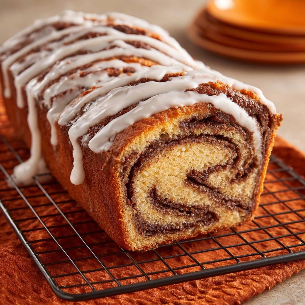 Cinnamon swirl glazed loaf with perfectly suspended swirls cooling on a wire rack, showcasing its internal spiral pattern.