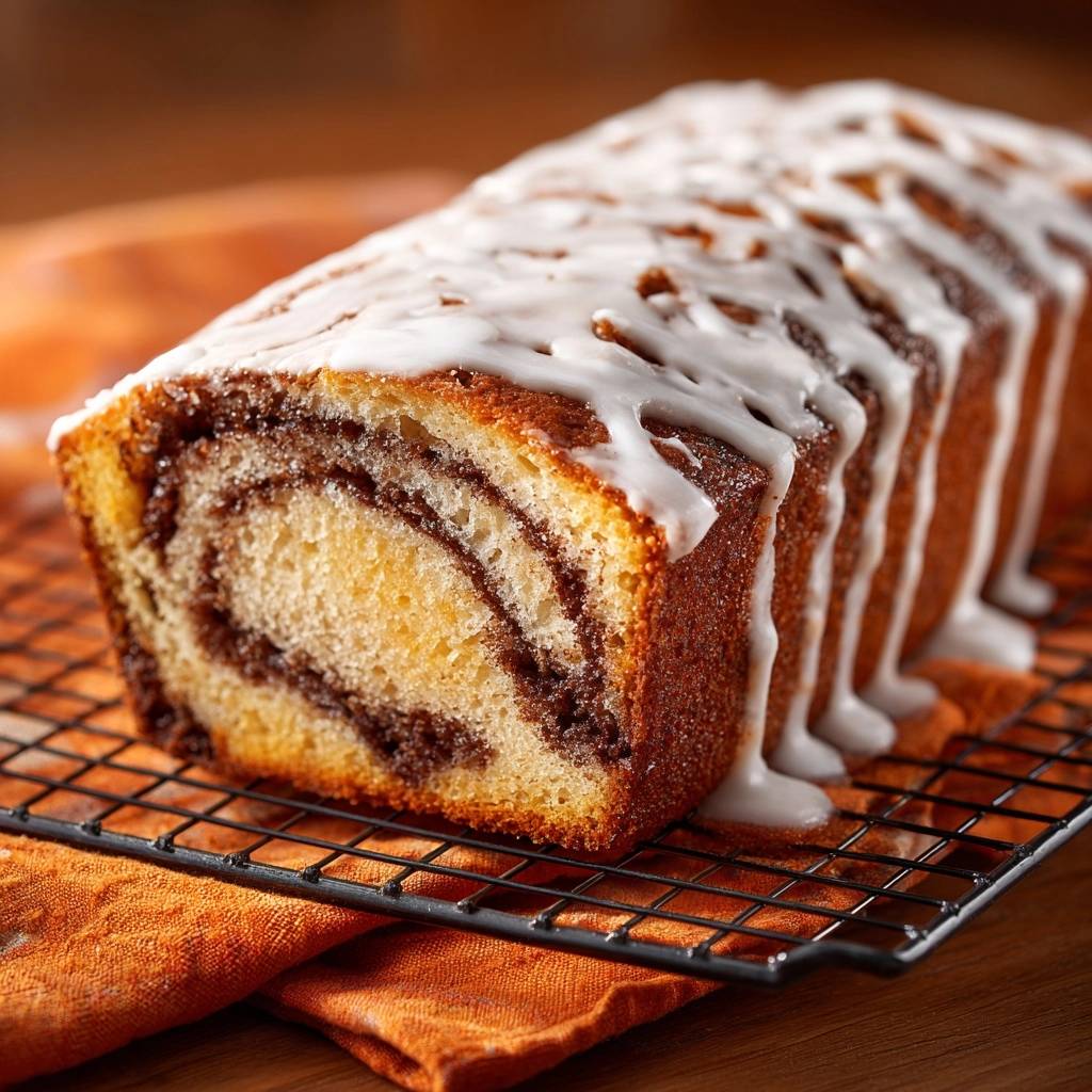 Cinnamon swirl glazed loaf with perfectly suspended swirls shown in a close-up cross-section revealing its detailed interior texture.