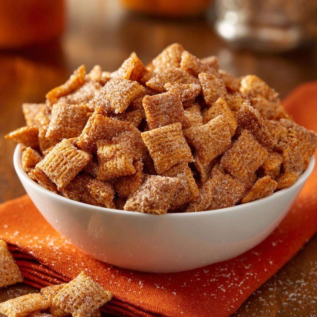 Cinnamon Toast Crunch snack mix in a white bowl, dusted with sugar and cinnamon, with a close-up view of the texture.