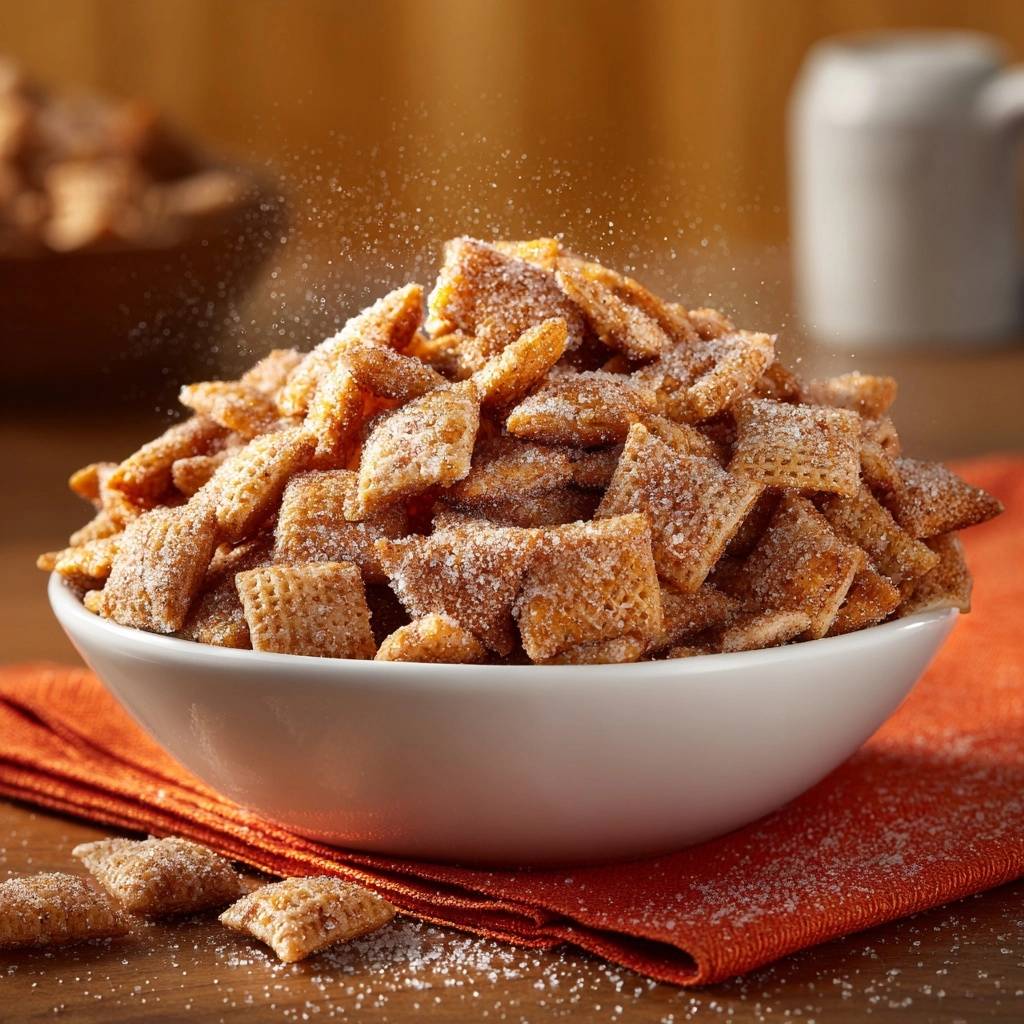 Cinnamon Toast Crunch snack mix recipe featuring a close-up of sugar being sprinkled over the coated cereal squares.