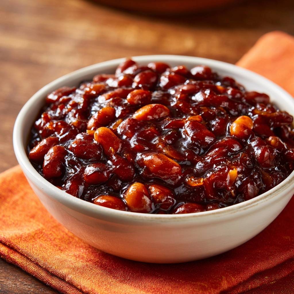 Classic baked beans with thick, glossy sauce served in a white bowl, showcasing the rich texture.