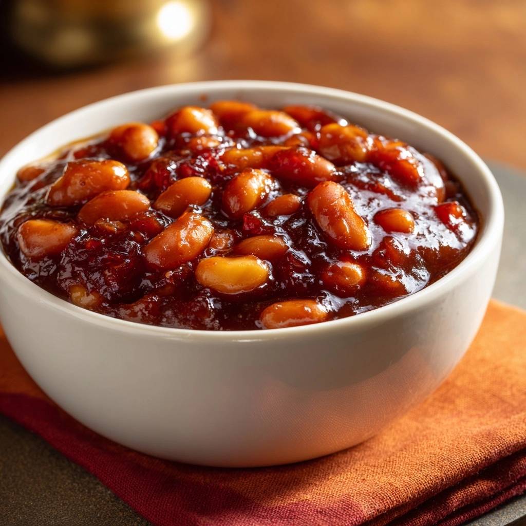 Classic baked beans with thick, glossy sauce served in a white bowl, highlighting the rich texture.