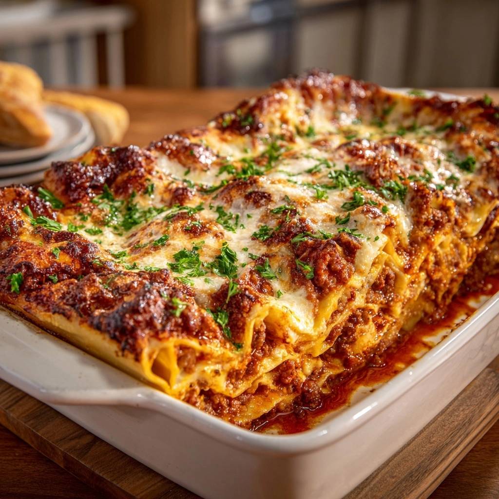 Classic beef lasagna with visible layers of pasta, meat sauce, and melted cheese, garnished with parsley.