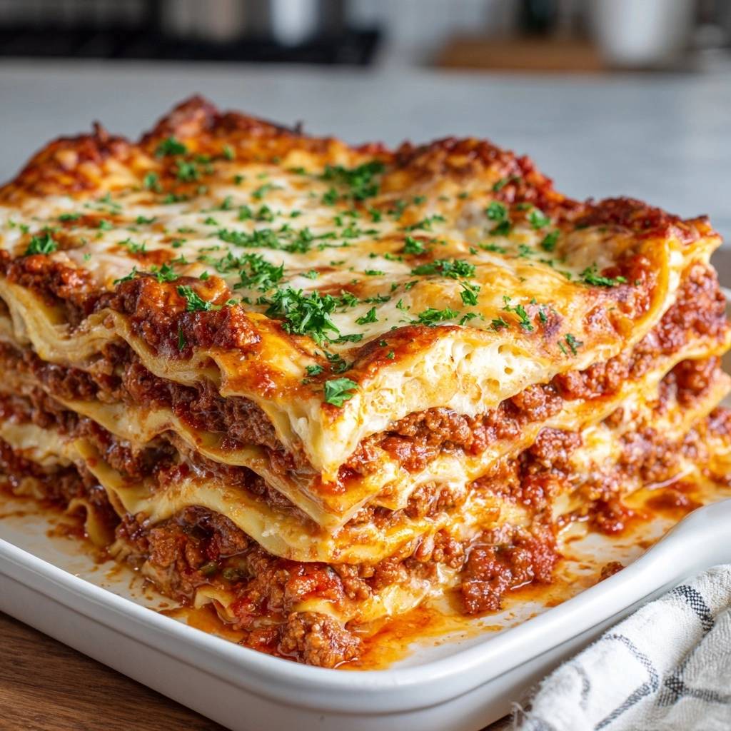 Classic beef lasagna showing thick layers of pasta, meat sauce, and cheese in a cross-section view.