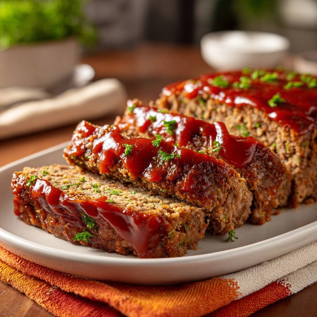 Classic meatloaf sliced and glazed with barbecue sauce, garnished with fresh parsley on a white plate.