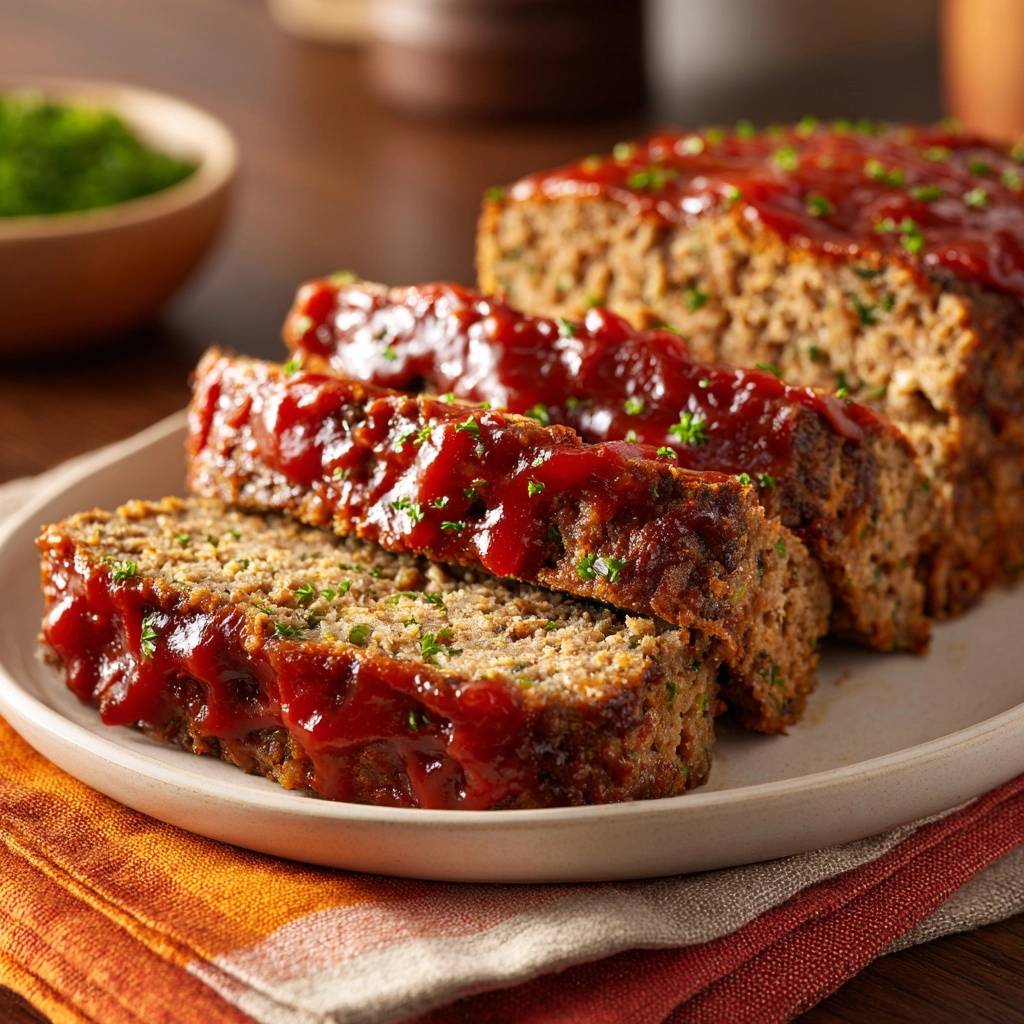 Classic meatloaf sliced and plated, topped with a rich tomato glaze and fresh parsley garnish.