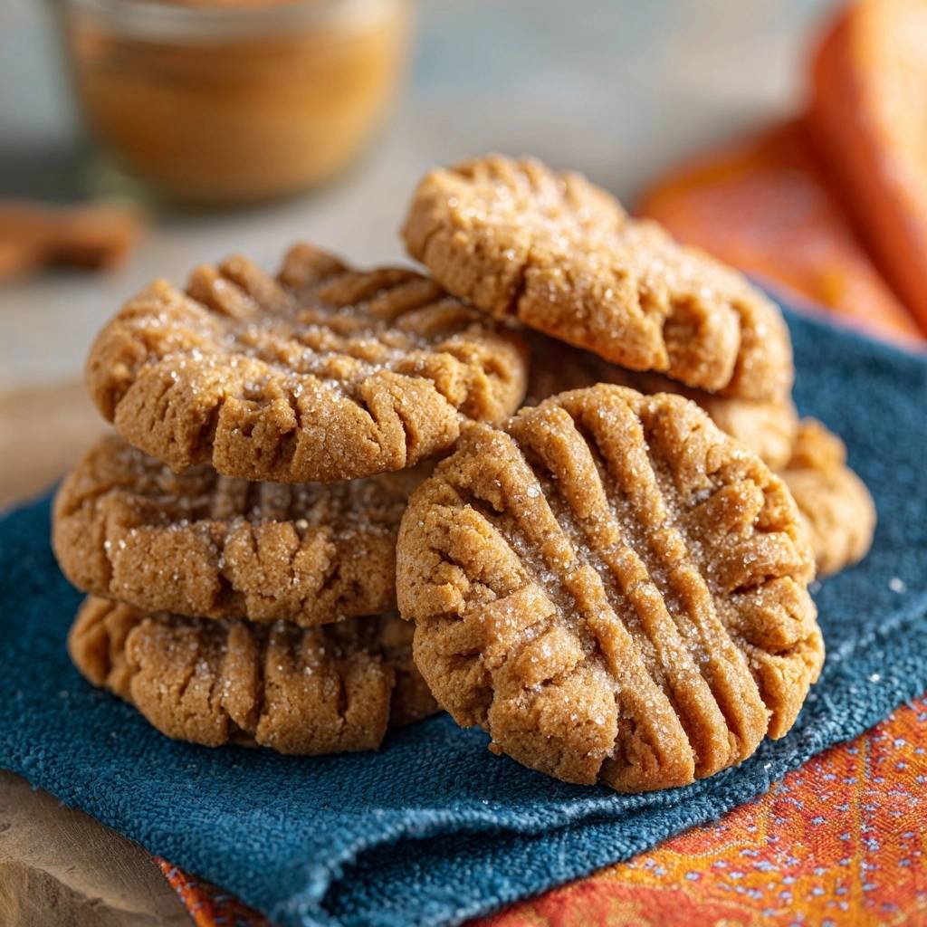 Classic peanut butter cookies, a stack of thick and chewy cookies sprinkled with sugar, resting on a blue napkin.