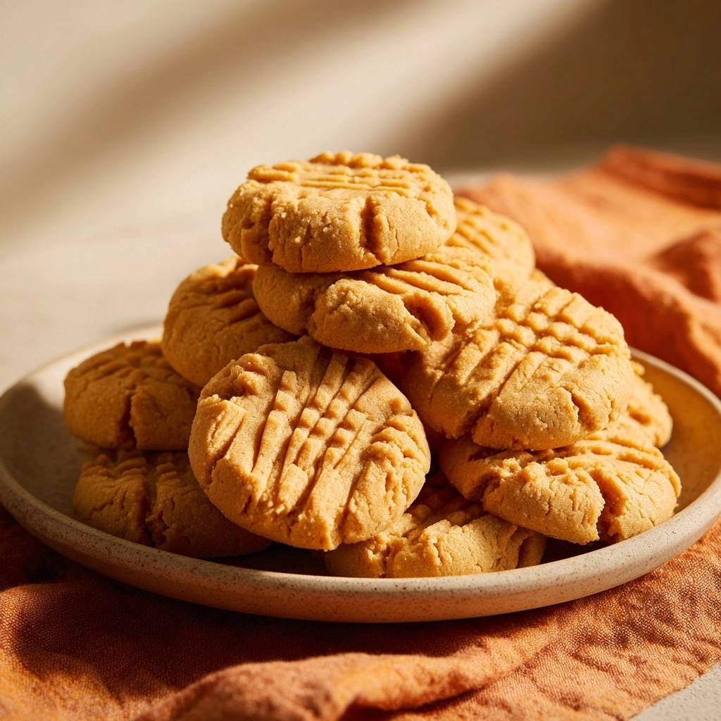 Classic peanut butter cookies, thick and chewy, stacked high on a light-colored plate with an orange napkin.