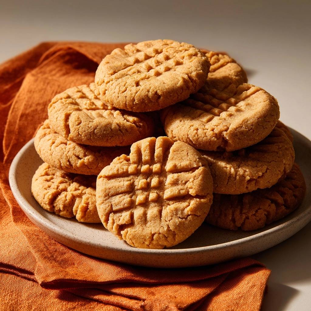 Classic peanut butter cookies, thick and chewy, stacked high on a textured plate with an orange napkin.