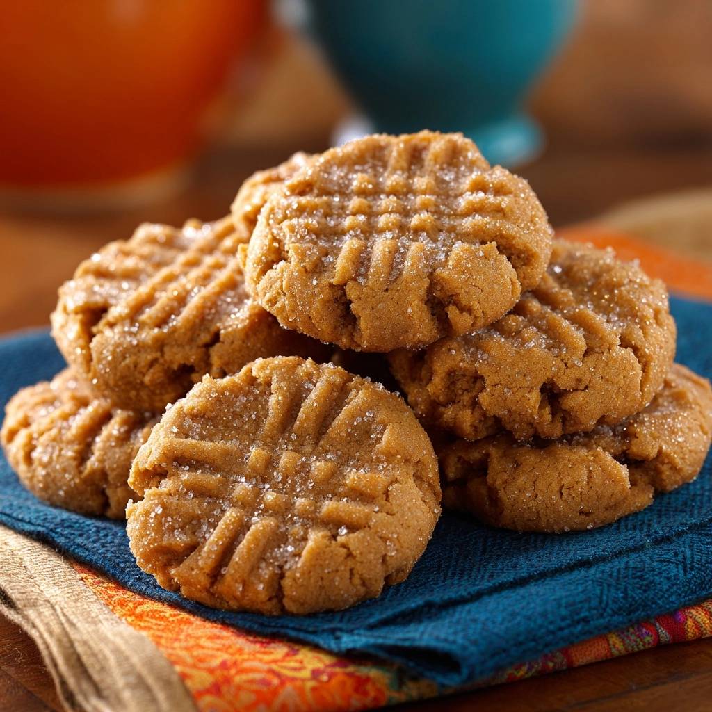 Classic peanut butter cookies with a textured criss-cross pattern and sprinkled with sugar granules.