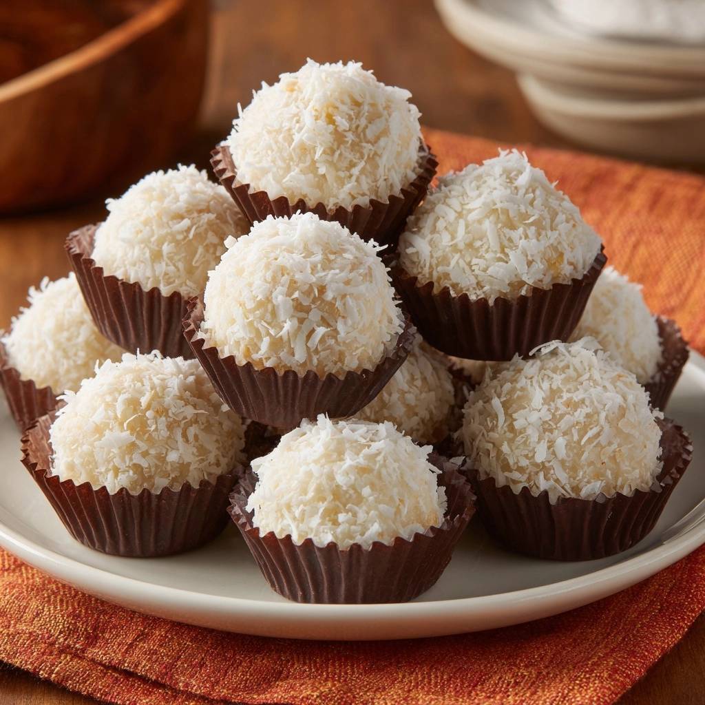 Coconut balls in chocolate cups are stacked in a pile on a white plate, covered in shredded coconut.