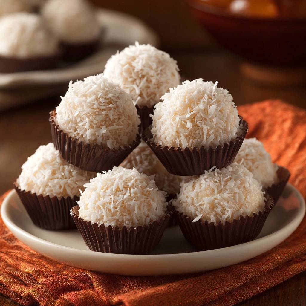 Coconut balls in chocolate cups are stacked on a white plate, showcasing their shredded coconut coating and rich chocolate wrappers.