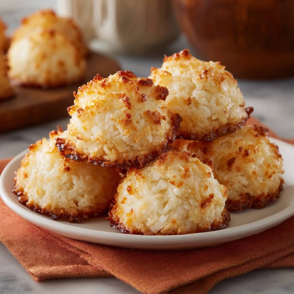 Coconut macaroons, a pile of golden-brown baked treats with shredded coconut texture, resting on a white plate.