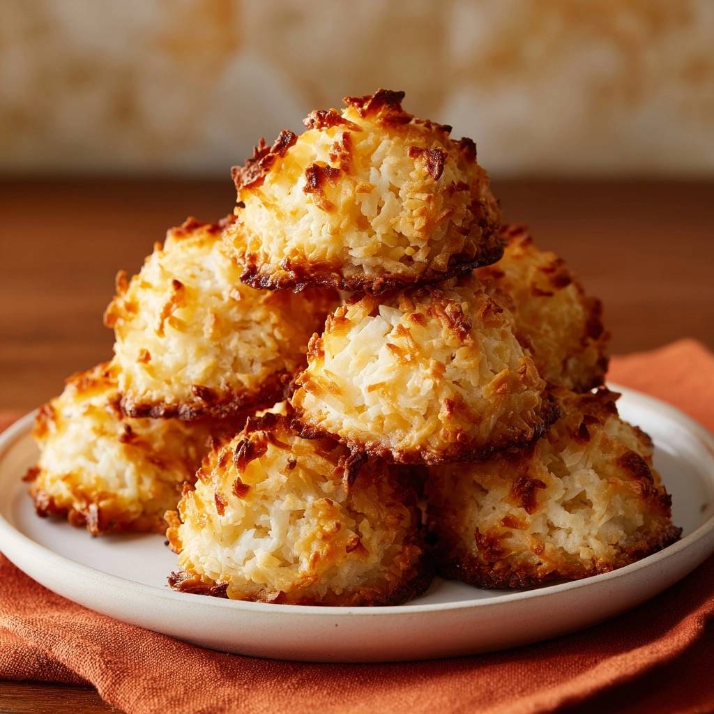 Perfect coconut macaroons are stacked in golden-brown mounds on a white plate with an orange napkin.