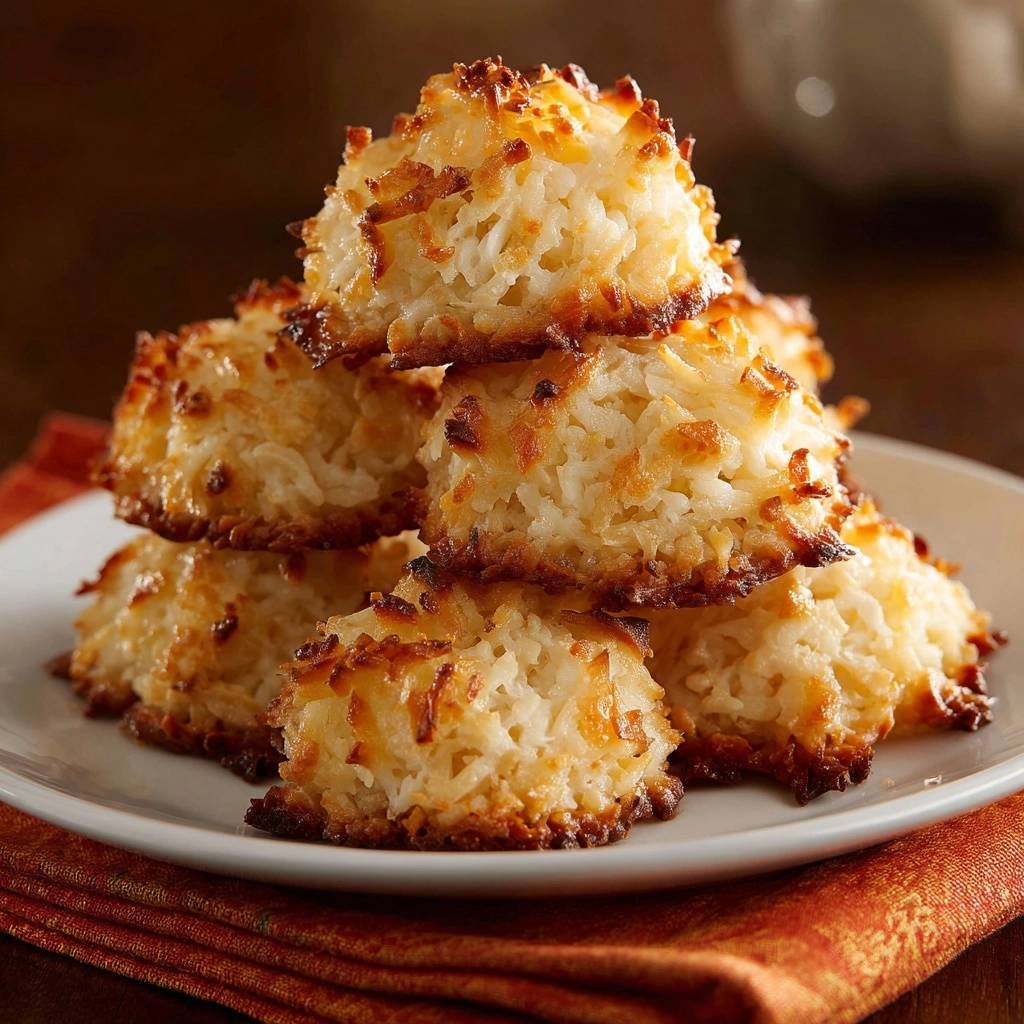 Perfect coconut macaroons are piled high on a white plate, showcasing their golden-brown toasted edges.