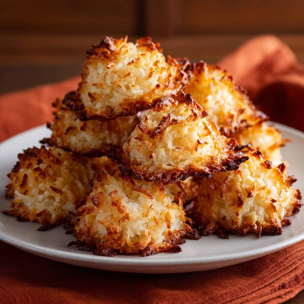 Perfect coconut macaroons stacked in a golden-brown pile on a white plate, showcasing their textured coconut exterior.