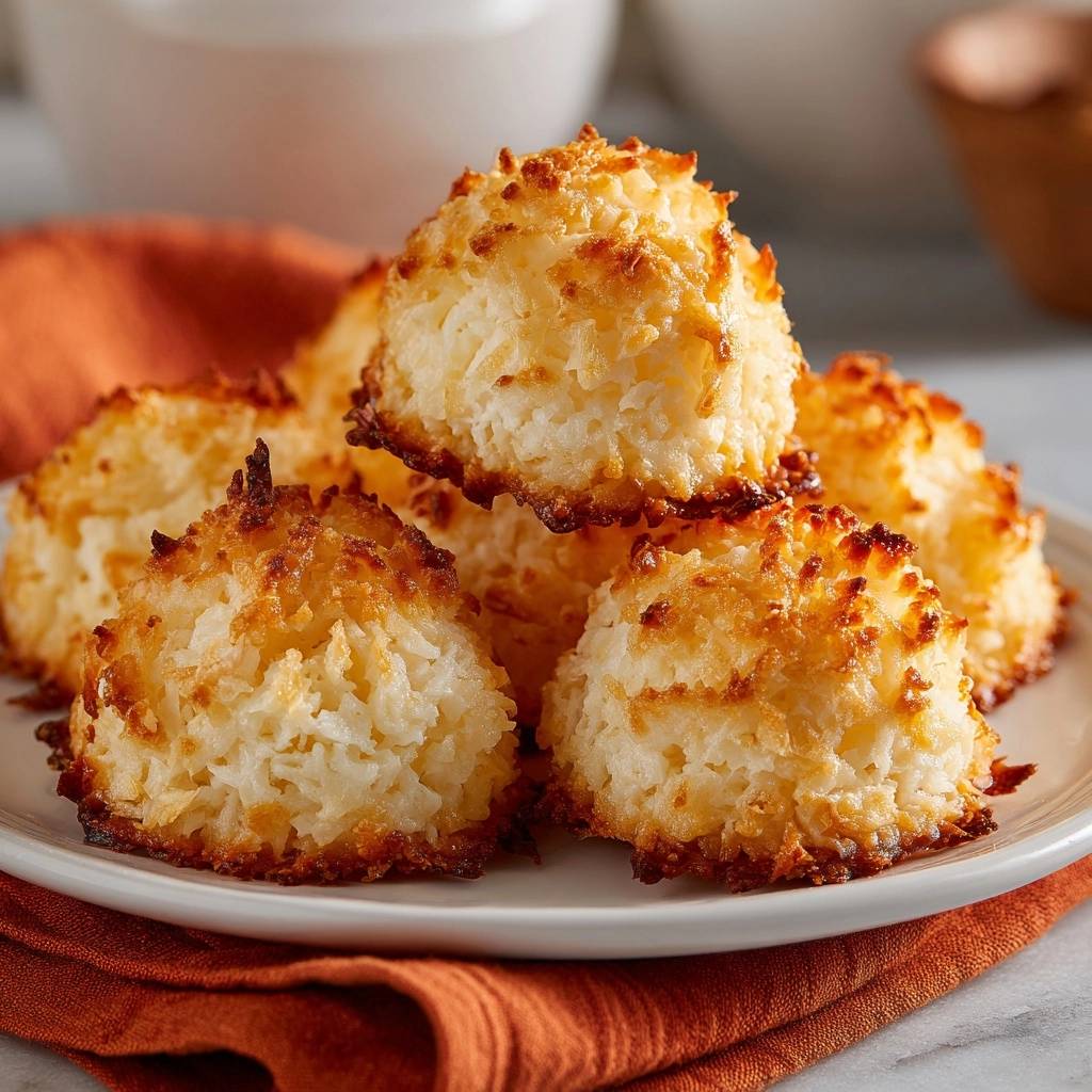 Coconut macaroons, a golden-brown stack of chewy, moist treats with toasted coconut flakes, presented on a white plate.