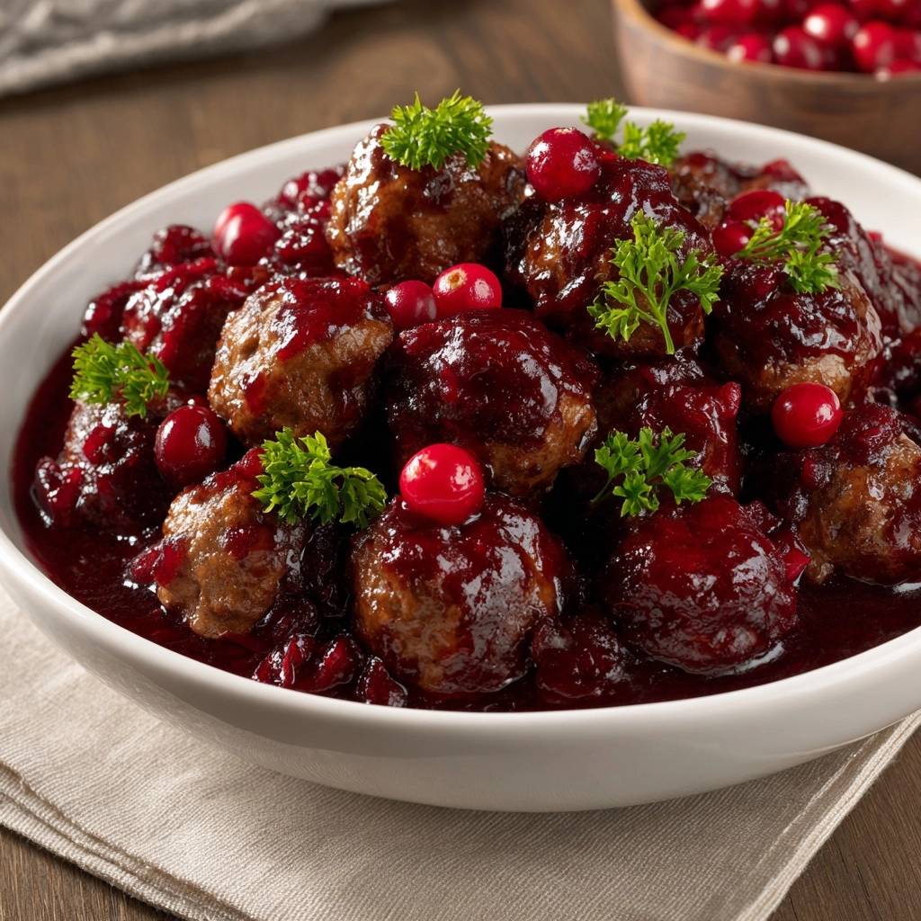 Cranberry glazed meatballs in a white bowl, garnished with fresh parsley and whole cranberries.