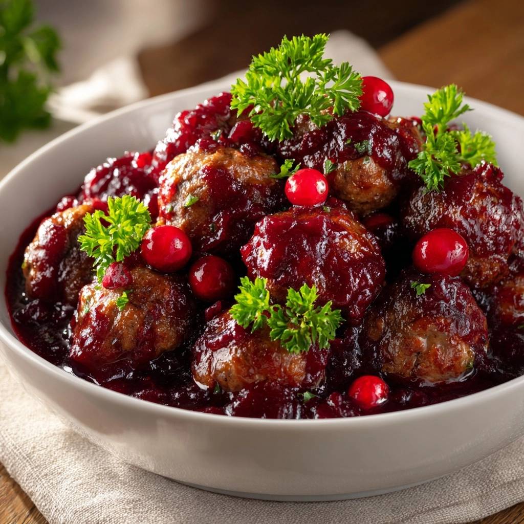 Cranberry glazed meatballs are served in a white bowl, garnished with fresh parsley and whole cranberries.