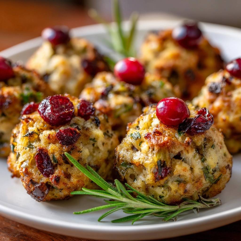 Cranberry herb stuffing balls, a crispy no-crumble recipe, shown in a close-up view garnished with fresh cranberries and rosemary.