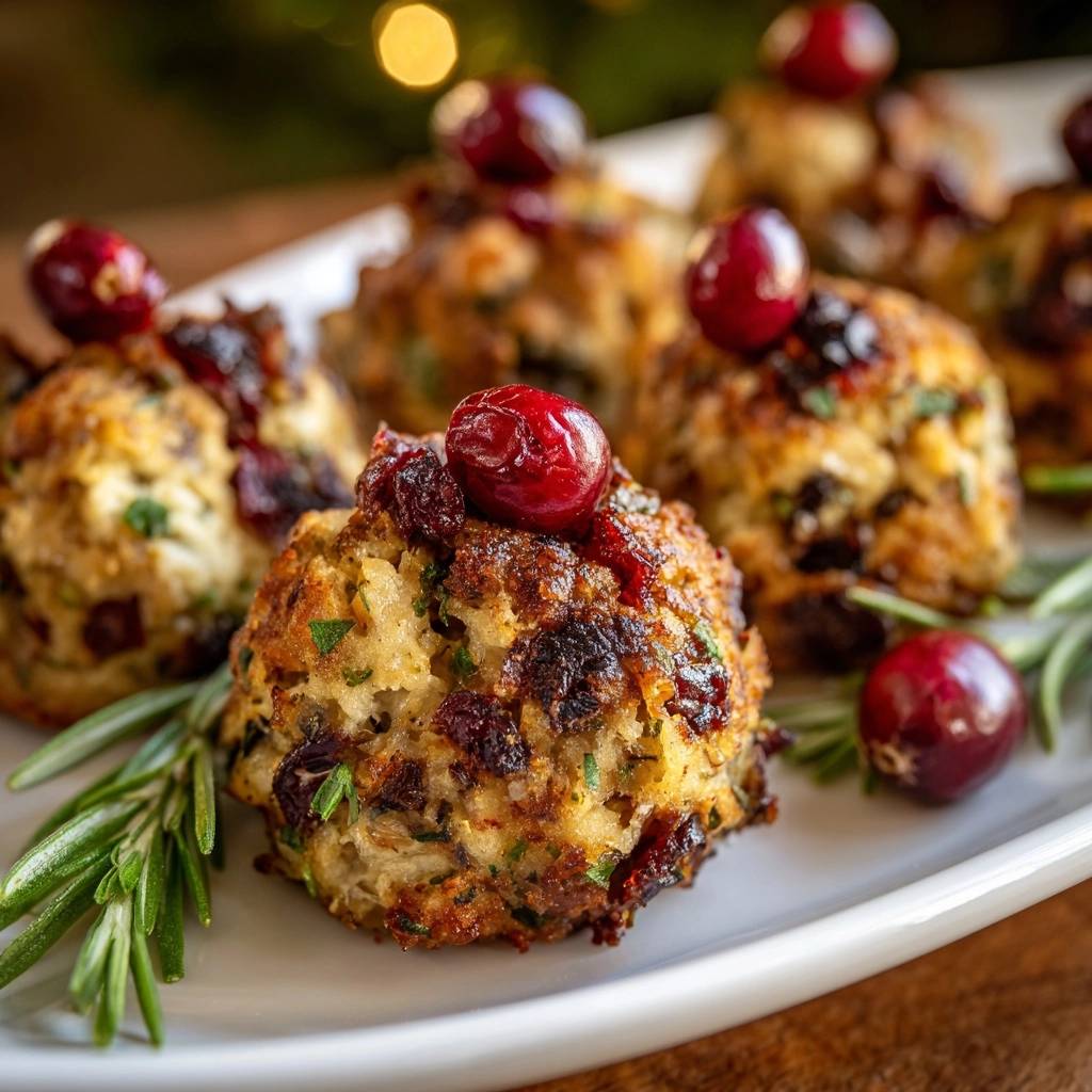 Cranberry herb stuffing balls garnished with fresh cranberries and rosemary sprigs on a white platter.