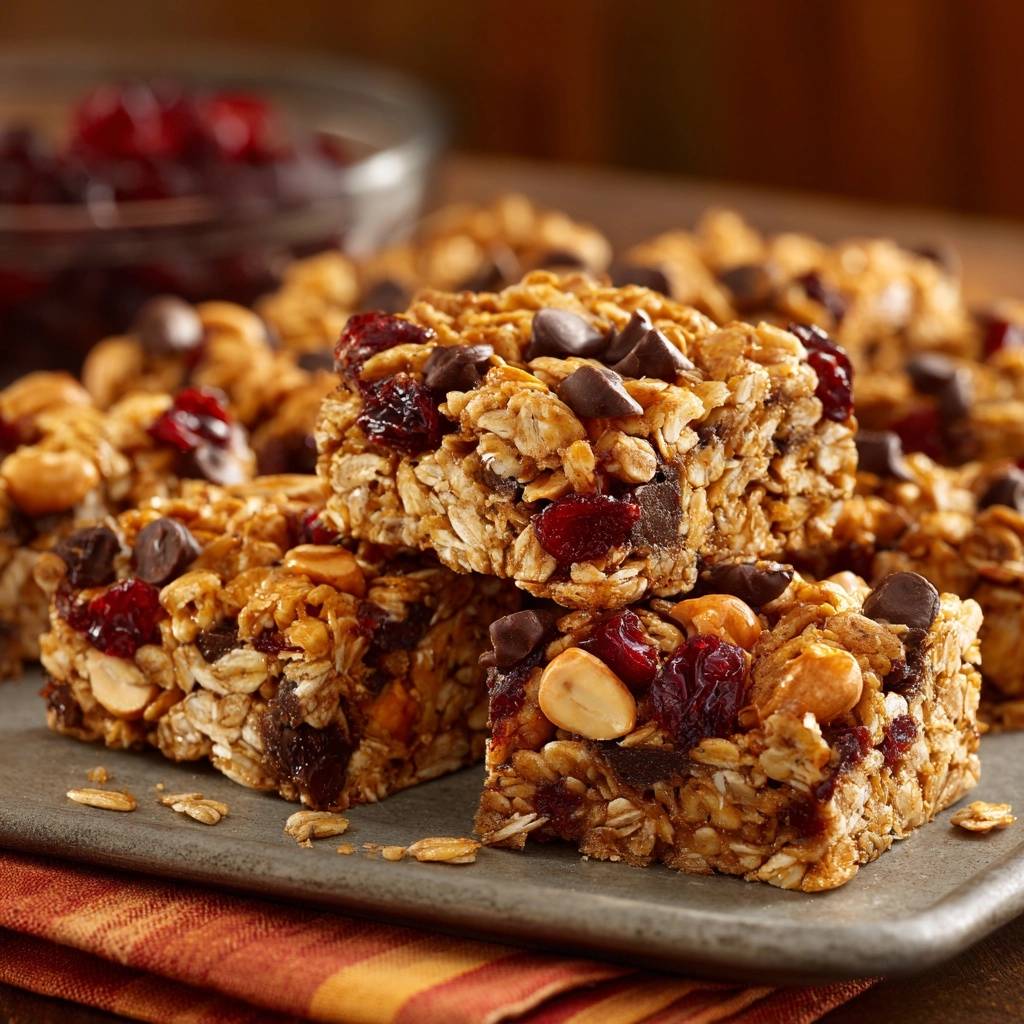 Cranberry peanut chocolate chip granola bars, a close-up stack with visible chocolate chips and dried cranberries, showcasing their chewy texture.