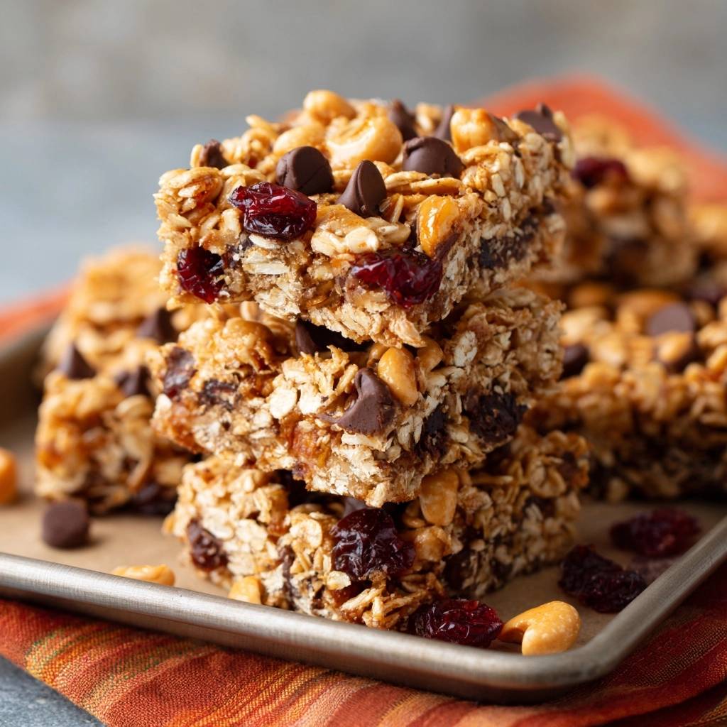 Cranberry peanut chocolate chip granola bars, a stack showing the layered oats, cranberries, chocolate chips, and peanuts.