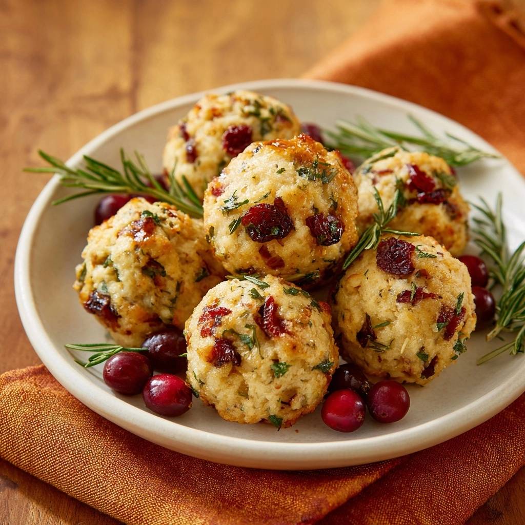 Cranberry stuffing balls are presented on a plate with fresh cranberries and rosemary sprigs as a festive holiday side dish.
