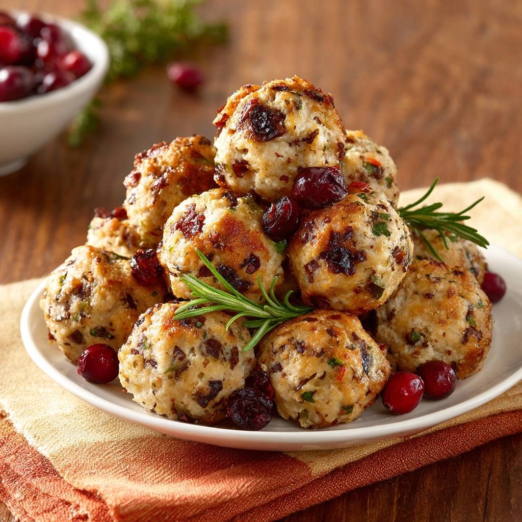 Cranberry stuffing balls, a holiday side dish, are piled high on a white plate with fresh cranberries and rosemary.