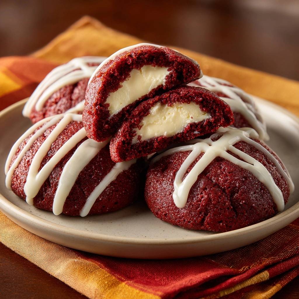 Cream cheese stuffed red velvet cookies shown in a close-up cross-section revealing the creamy white filling.