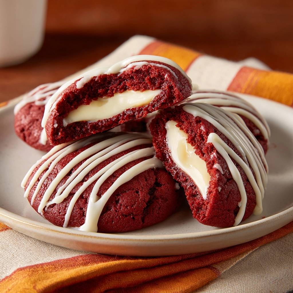 Cream cheese stuffed red velvet cookies shown in a close-up cross-section revealing the gooey cream cheese filling.