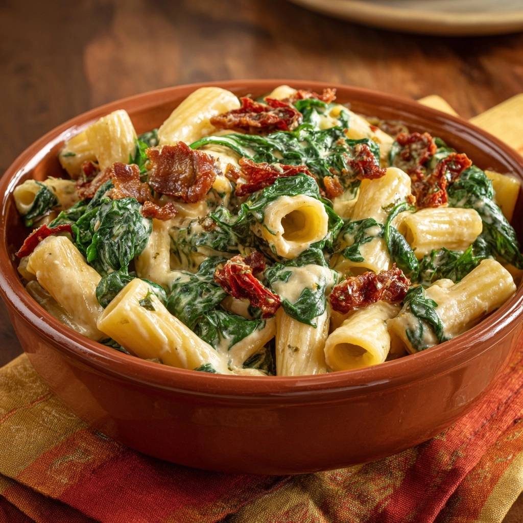 Creamy bacon spinach rigatoni in a rustic bowl, featuring a close-up view of the pasta and sauce texture.