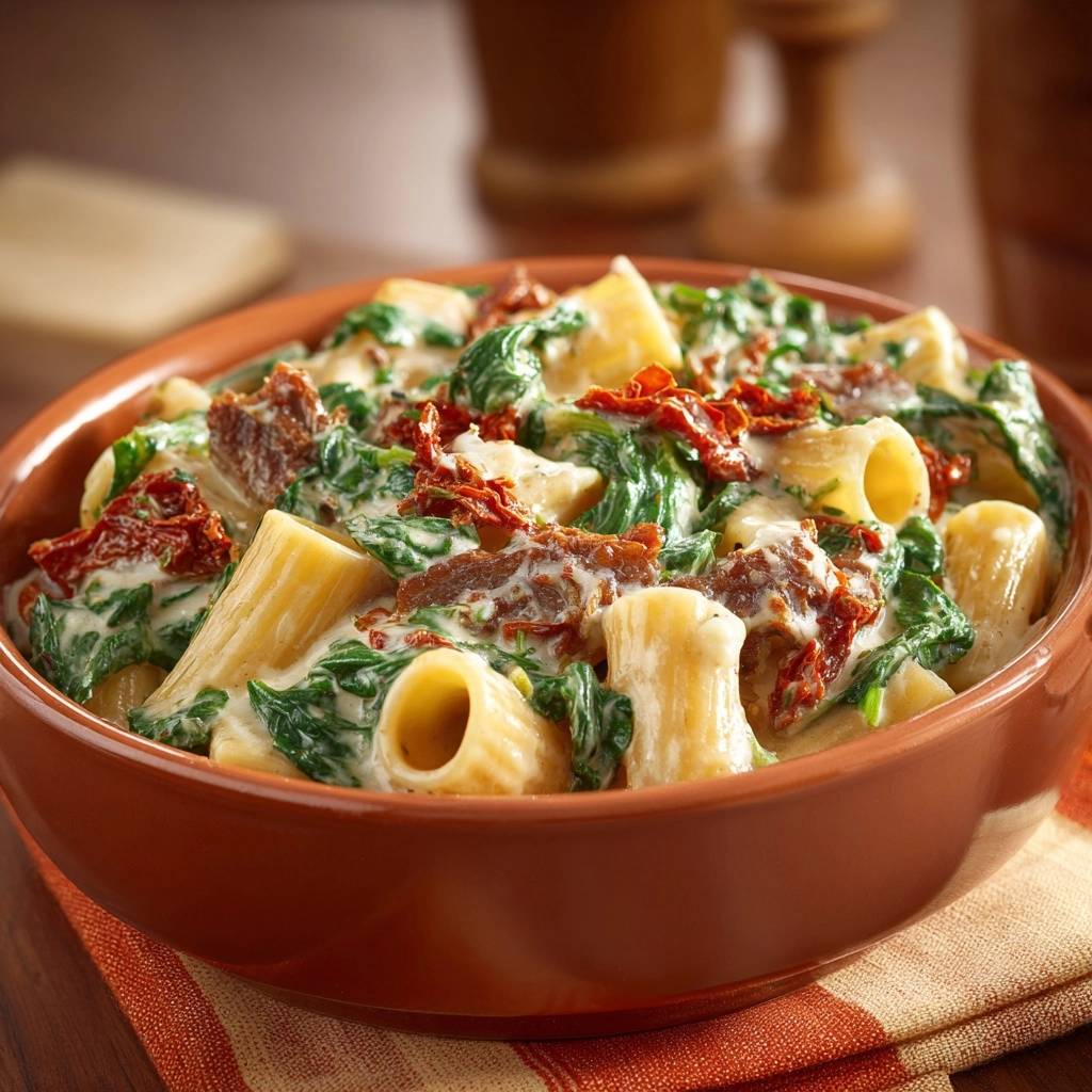 Creamy bacon spinach rigatoni with no-watery sauce served in a rustic bowl, showing a close-up view of the pasta and sauce.