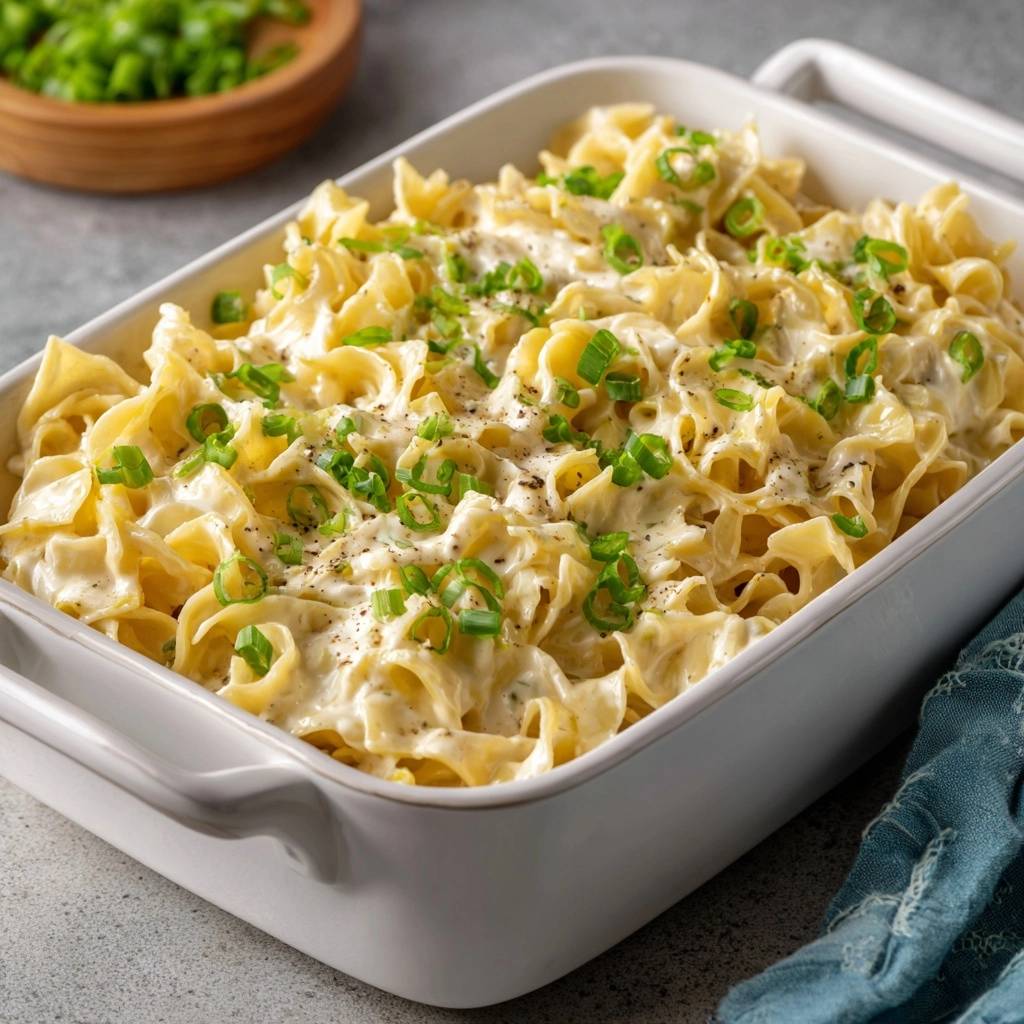 Creamy baked egg noodles with scallions, presented in a white baking dish and garnished with fresh green onions.