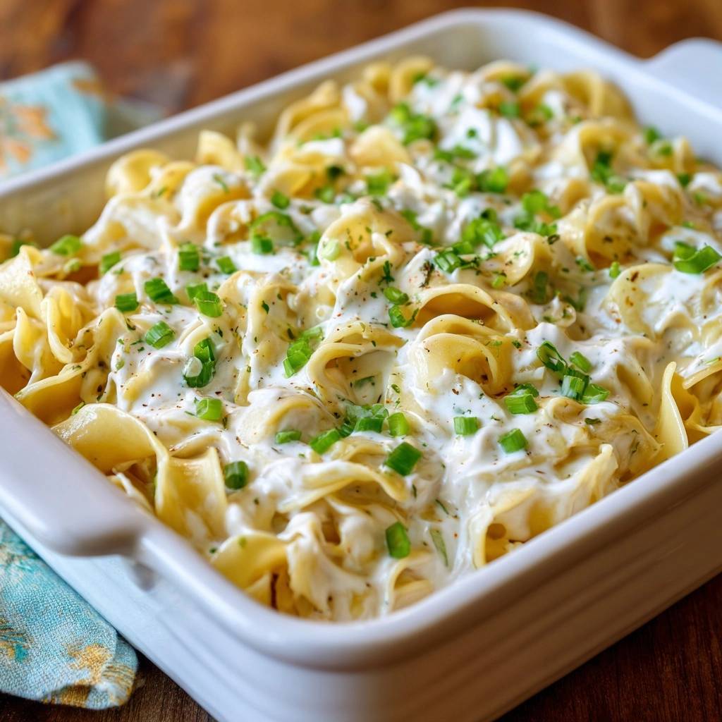 Creamy baked egg noodles with scallions, presented in a white baking dish and garnished with fresh green onions.